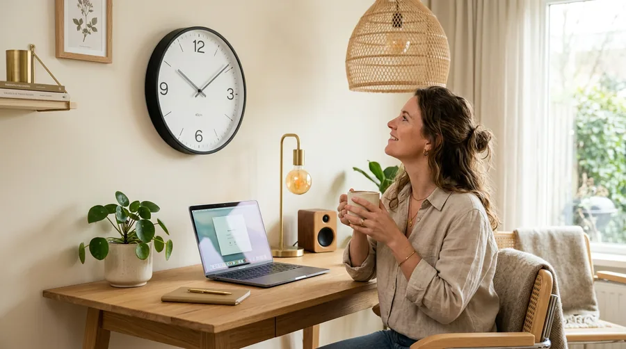 Large black matte round clock above a boucle sofa