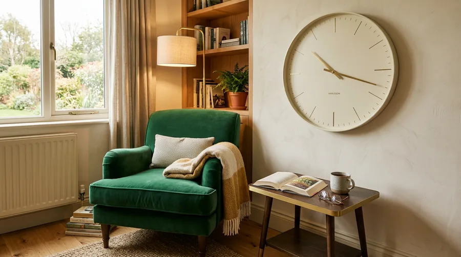 Sage green flip clock on a Scandinavian oak desk