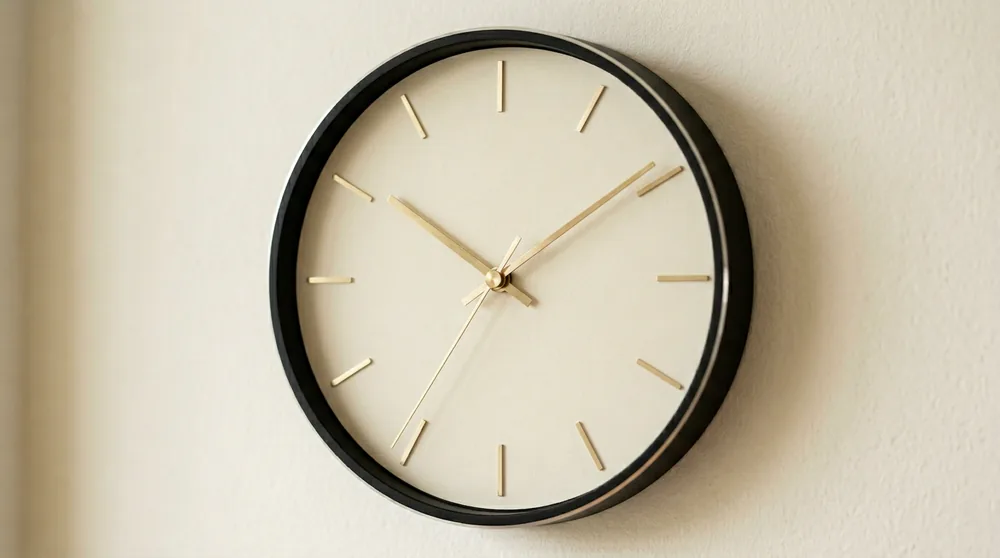 Close-up of a minimalist clock face with gold hands