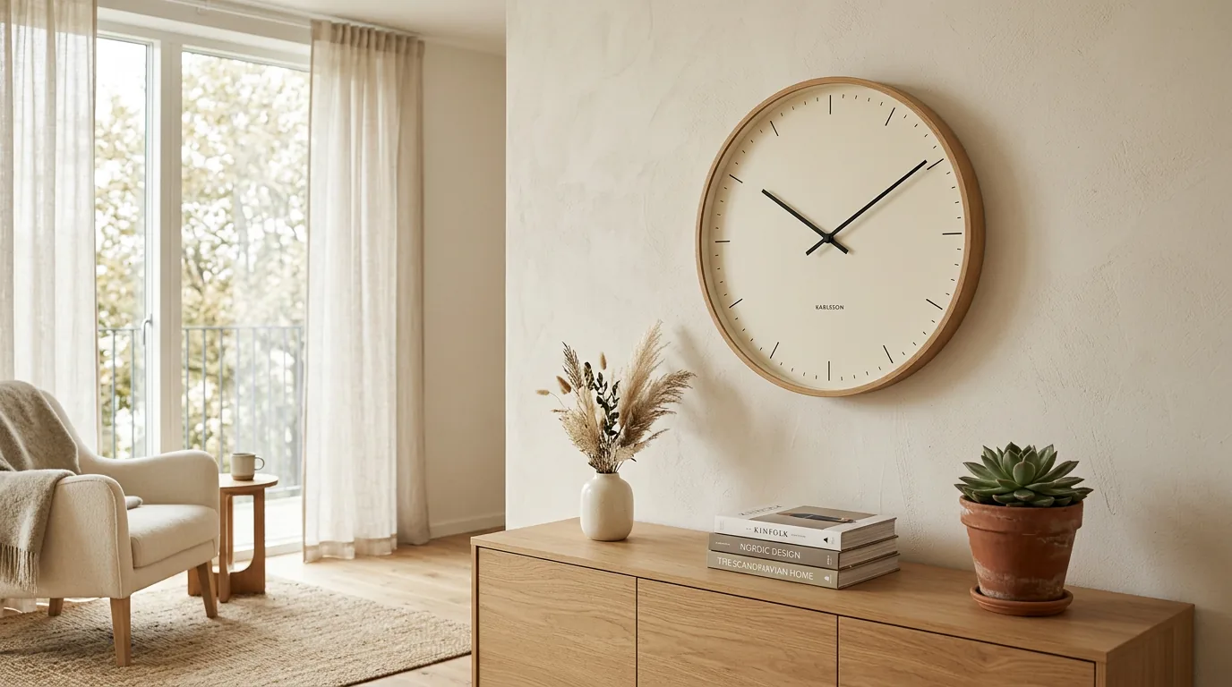 Modern minimalist Karlsson wall clock in a warm Scandinavian interior