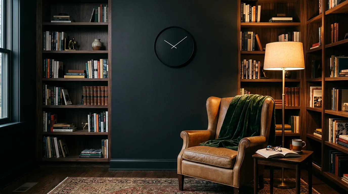 Moody contemporary lounge with a matte black Karlsson round wall clock above a dark leather sofa
