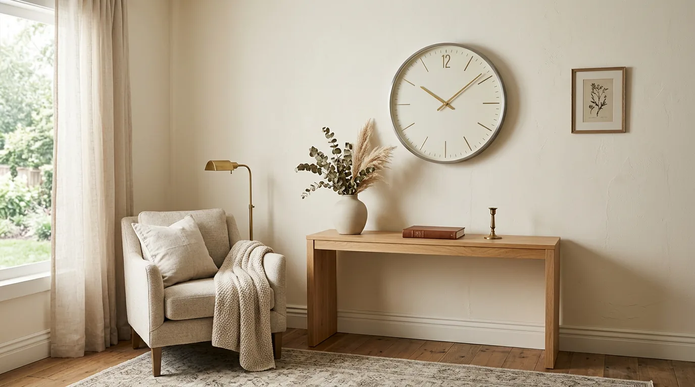 Elegant Karlsson Charm series steel round wall clock with gold hands on a pale taupe wall