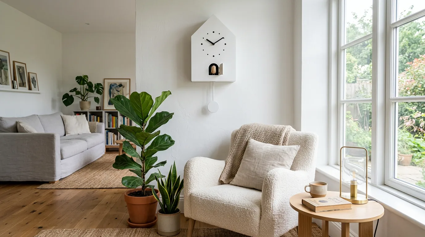 Contemporary minimalist white Karlsson cuckoo clock hanging above a reading chair