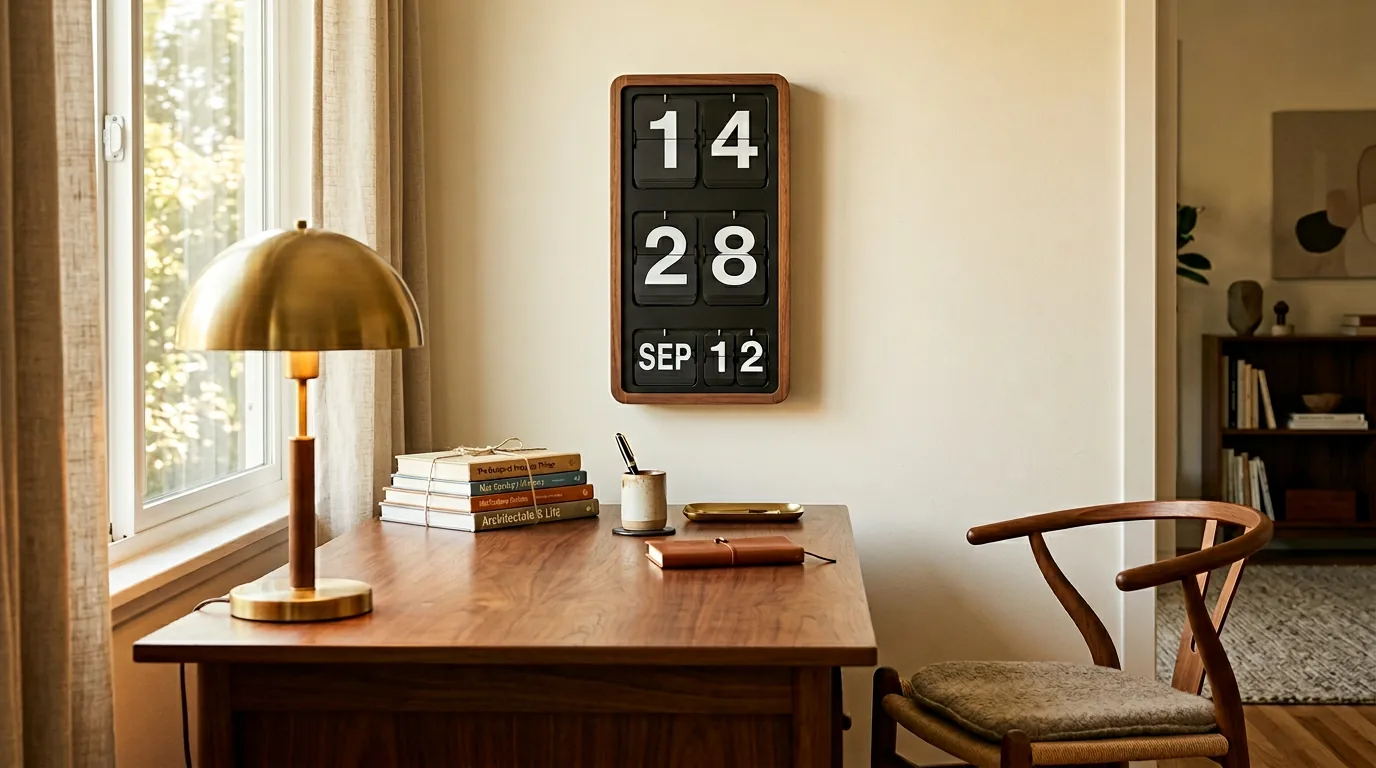 Karlsson Big Flip calendar clock showing day and date on an oak shelf