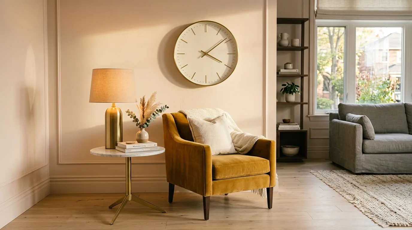 Luxe interior vignette with a cream Karlsson wall clock and brushed gold hands above a marble console