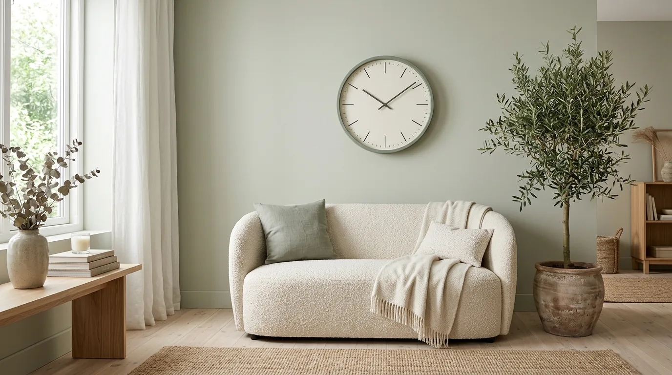 Biophilic home office with a sage green Karlsson round wall clock and potted plants
