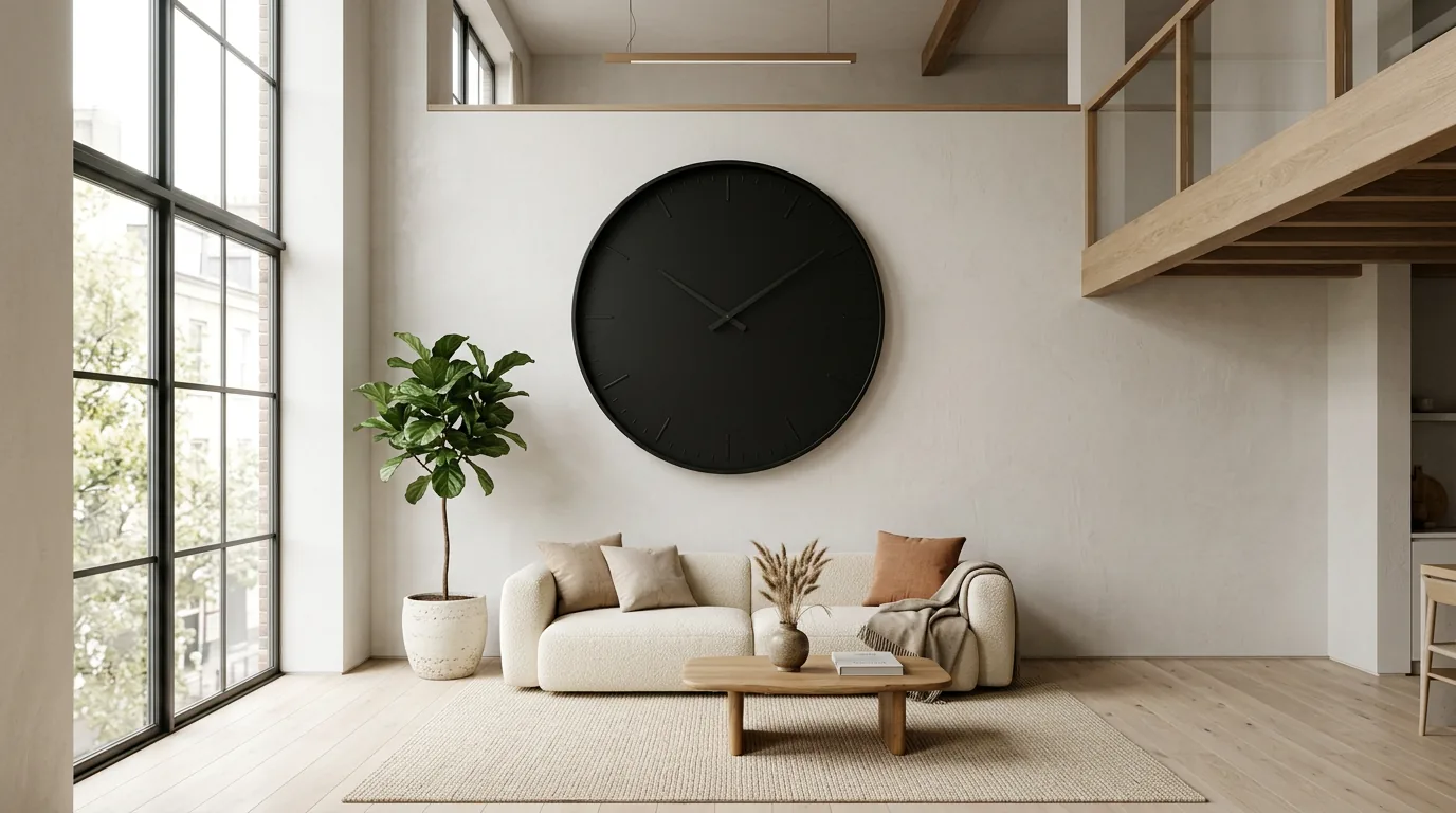 Large oversized matte black Karlsson wall clock above a boucle sofa in a modern loft