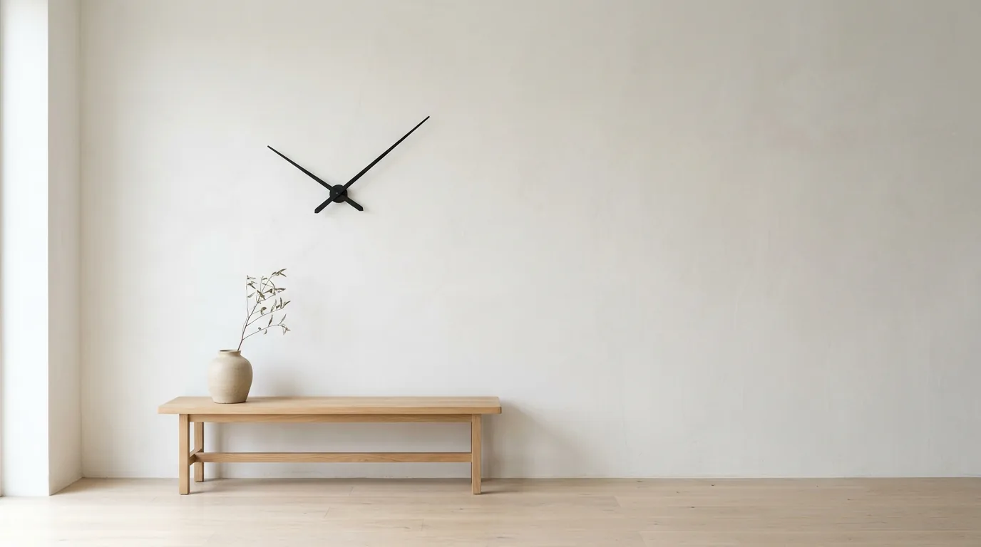 Ultra-minimalist interior with just two long black Karlsson Little Big Time clock hands on a white wall
