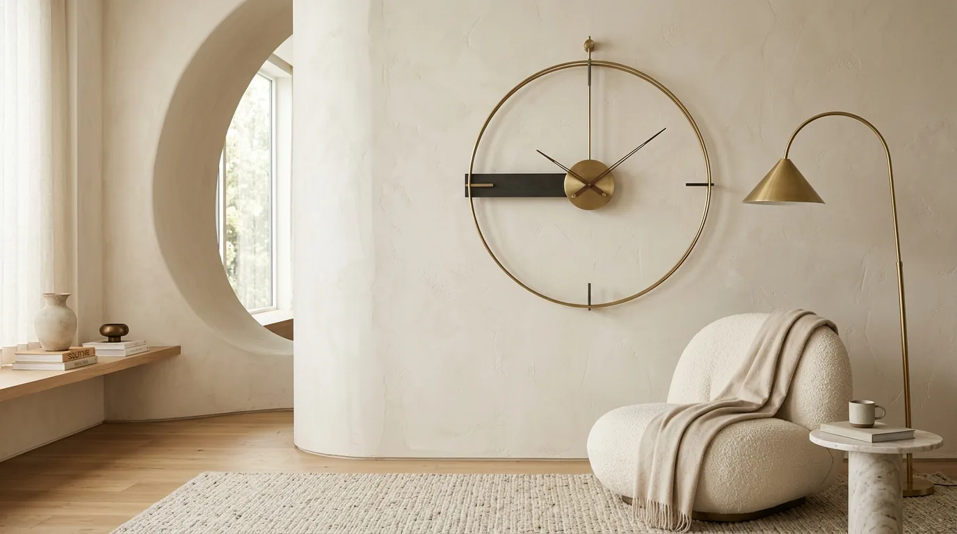 Ultra-modern sculptural asymmetric Karlsson wall clock on a concrete feature wall