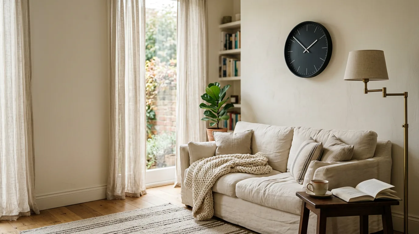 Cosy living room with a Karlsson wall clock on a warm beige wall and a boucle armchair below