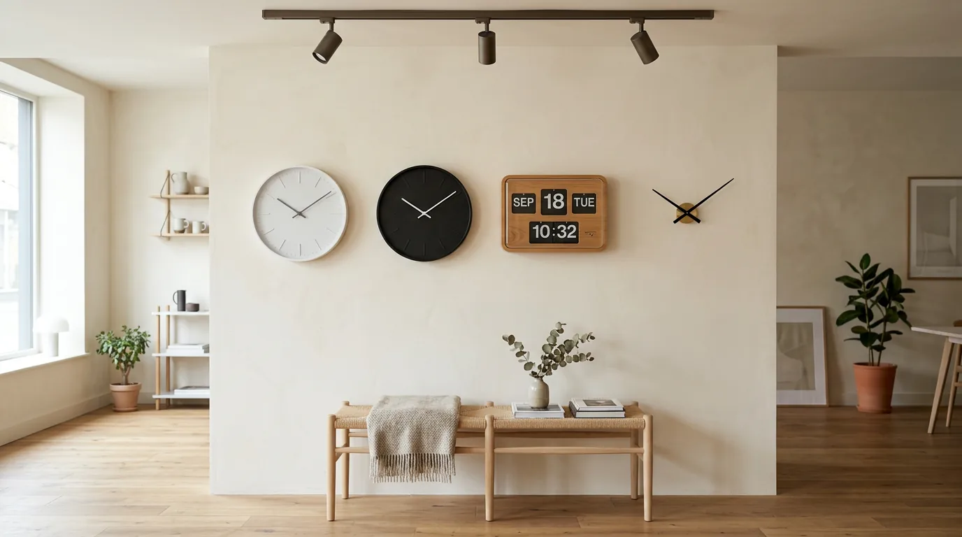 Three different Karlsson wall clocks arranged on cream fabric background as a curated sale selection