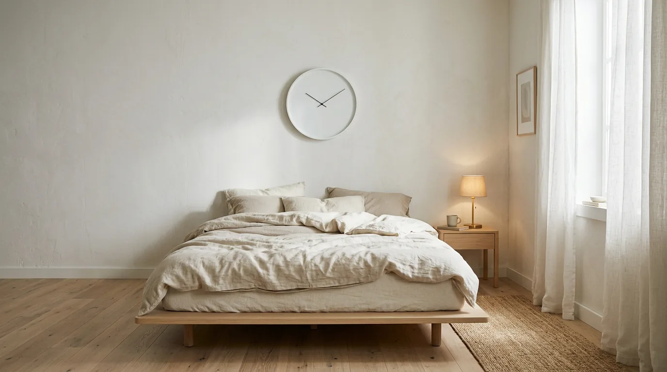 Calm bedroom with a white silent-sweep Karlsson wall clock above a low wooden bed