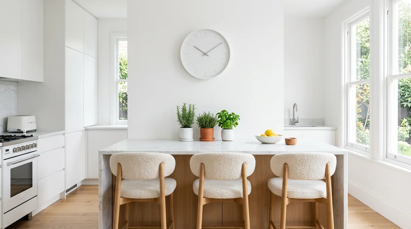 All-white Scandinavian kitchen with a white round minimalist Karlsson wall clock