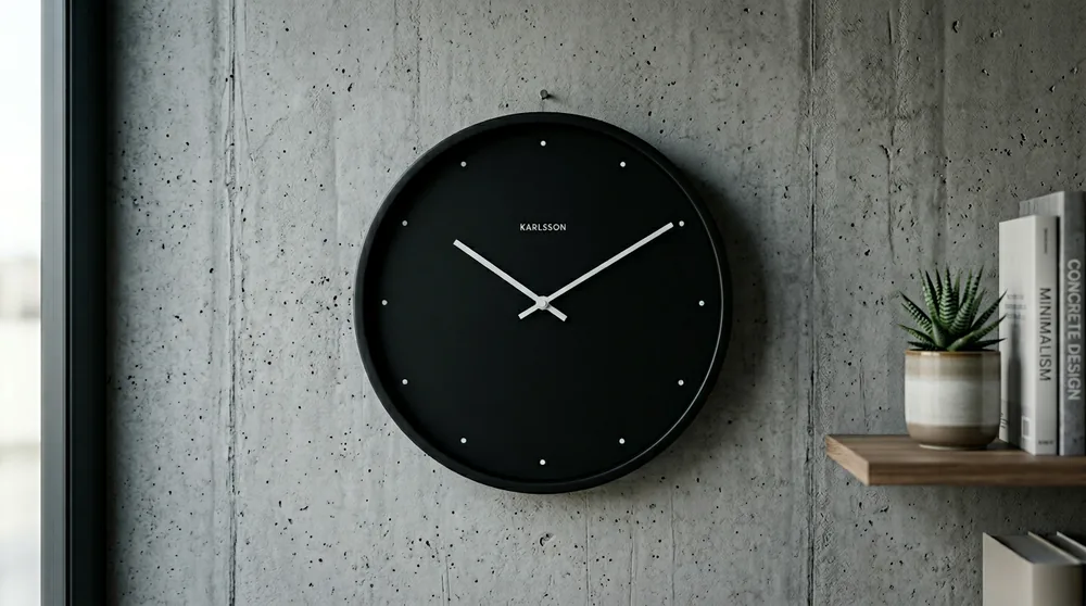 All matte black Karlsson round wall clock with black hands and minimalist dot markers