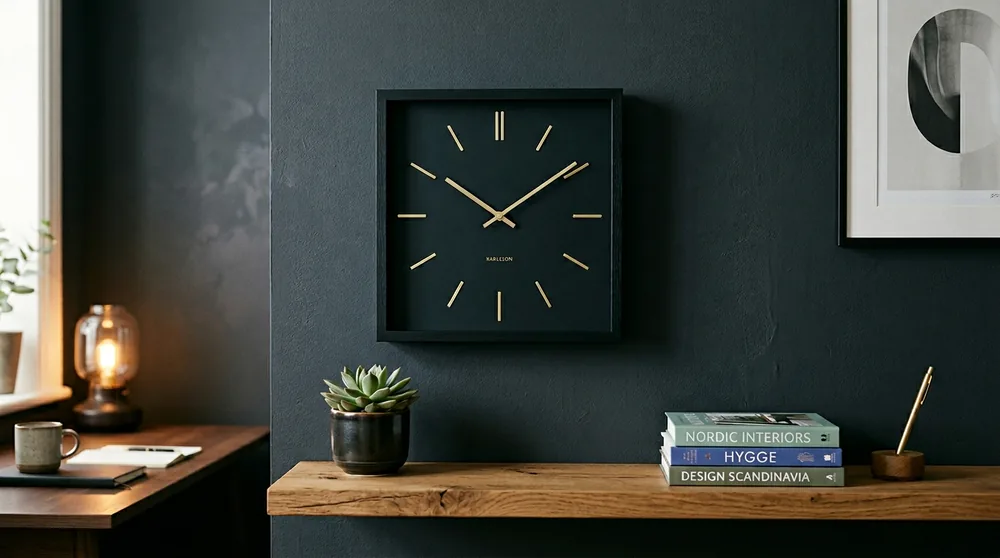 Black round Karlsson wall clock with white hour minute hands for contrast