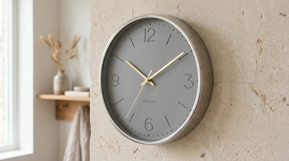 Karlsson Charm series round steel wall clock with polished silver case cream face Roman numerals gold hands