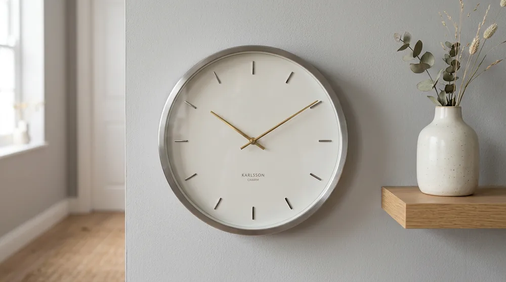 Karlsson Charm series brushed nickel case white face minimalist dot markers rose gold hands