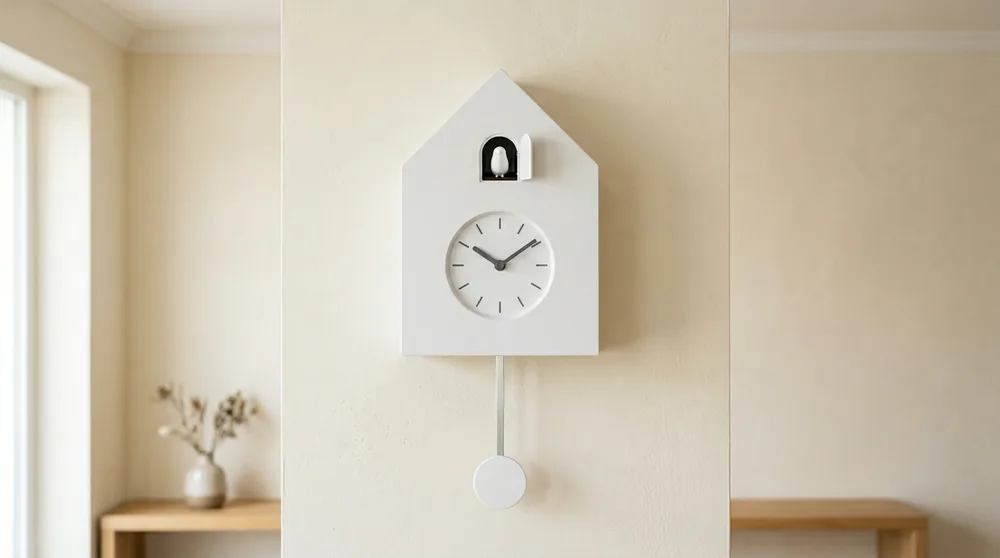 Modern white ABS plastic Karlsson cuckoo clock with clean geometric house shape
