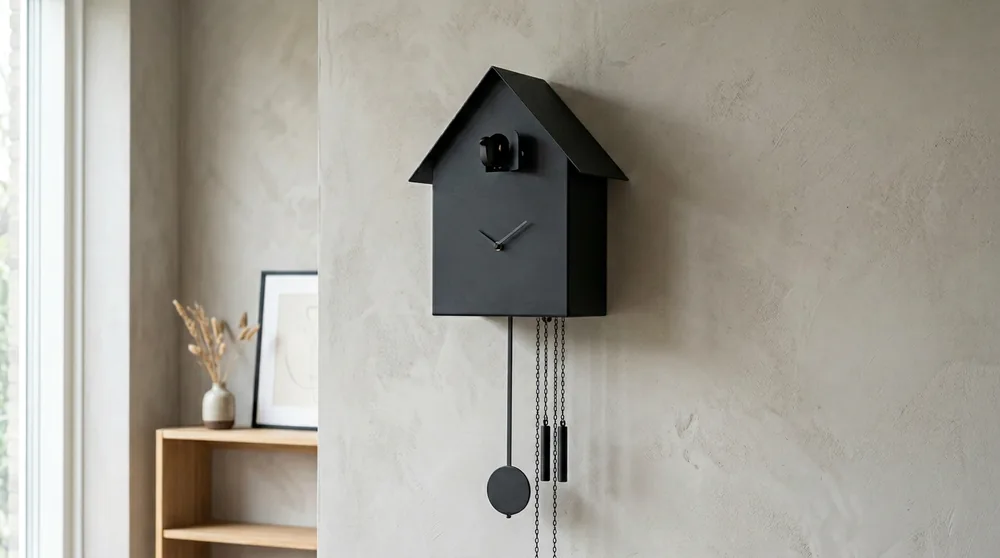 Black matte modern Karlsson cuckoo clock with angular silhouette