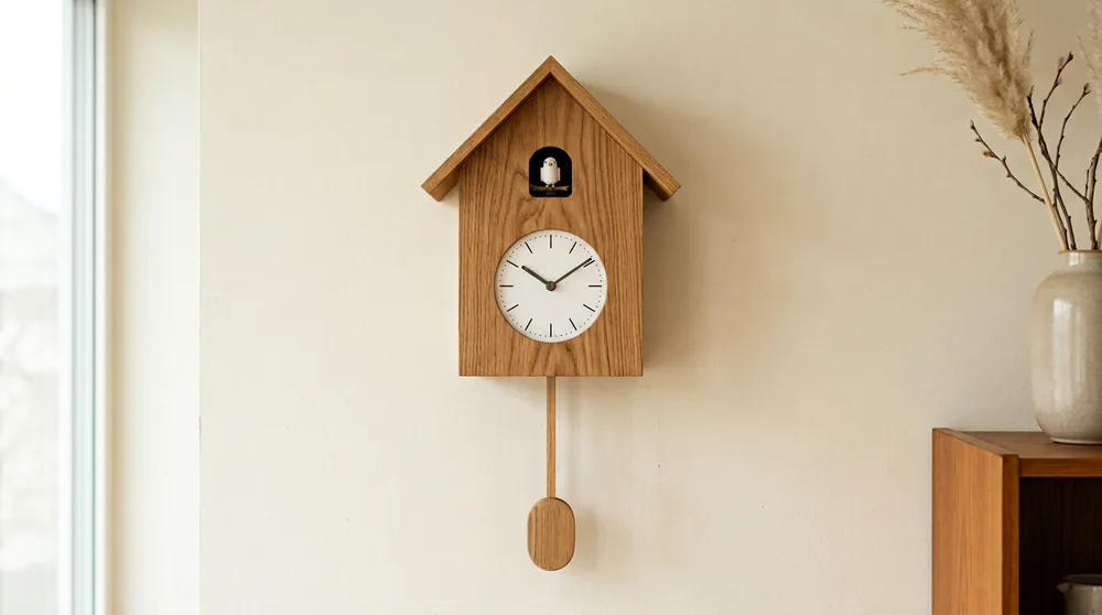 Natural oak wood modern Karlsson cuckoo clock with white face