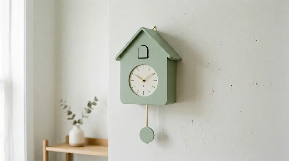 Pastel sage modern Karlsson cuckoo clock with pendulum