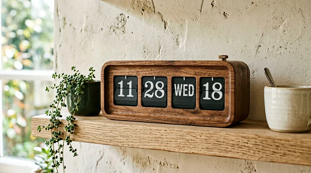 Karlsson Mini Flip calendar clock in olive green 1950s style