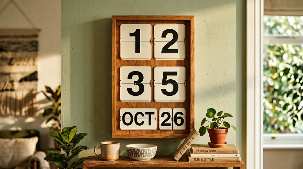 Karlsson Big Flip clock in warm cream showing day date time