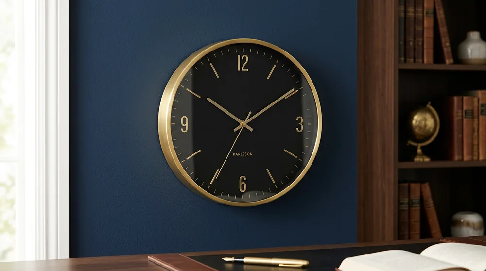 Black face Karlsson round clock with matte gold hands and gold numerals