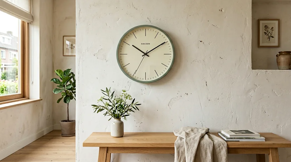 Sage green round minimalist Karlsson wall clock with cream face and black hands