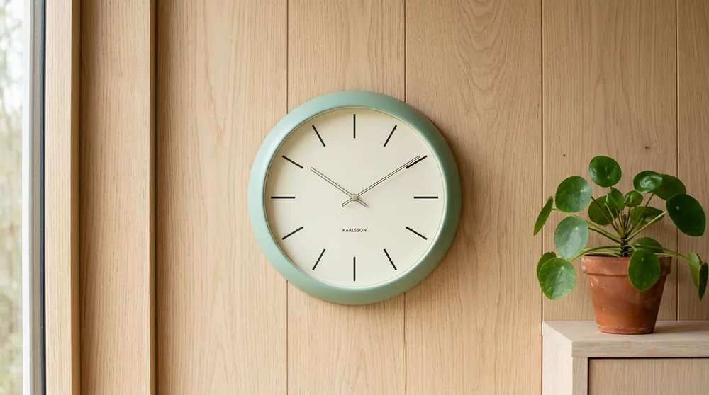 Pastel mint green square Karlsson wall clock with playful design