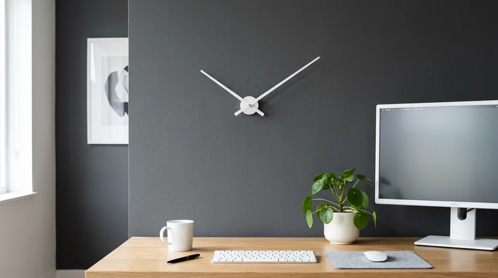 Extra long architectural white hands on a dark charcoal wall no dial