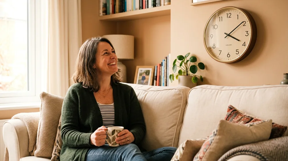 White round minimalist Karlsson clock hanging in a real nursery setting with muted pastel walls