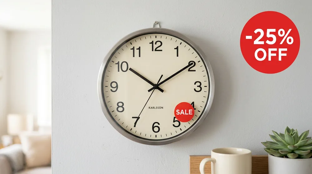 Round matte black Karlsson wall clock with slim white hands on cream background