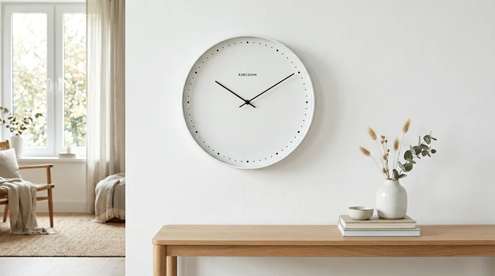 Pure white Karlsson round wall clock with subtle grey tick markers