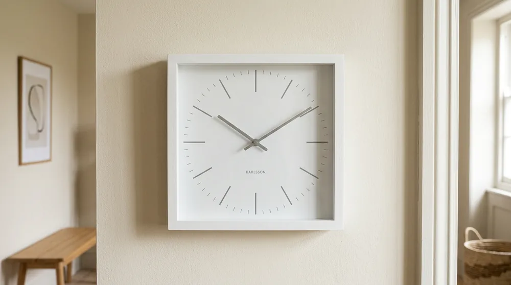 Matte white square Karlsson wall clock with slim black hands