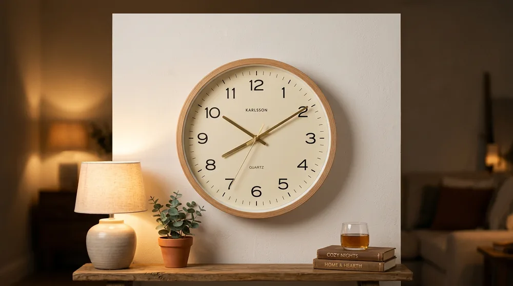 White wooden-frame round Karlsson clock with rose-gold hands
