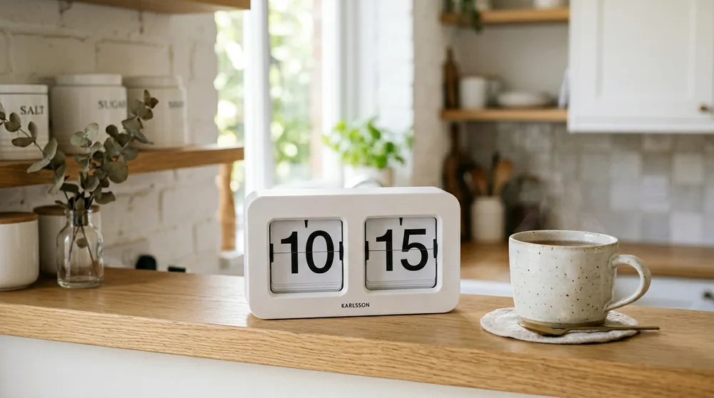 White Karlsson flip calendar clock with light wooden base