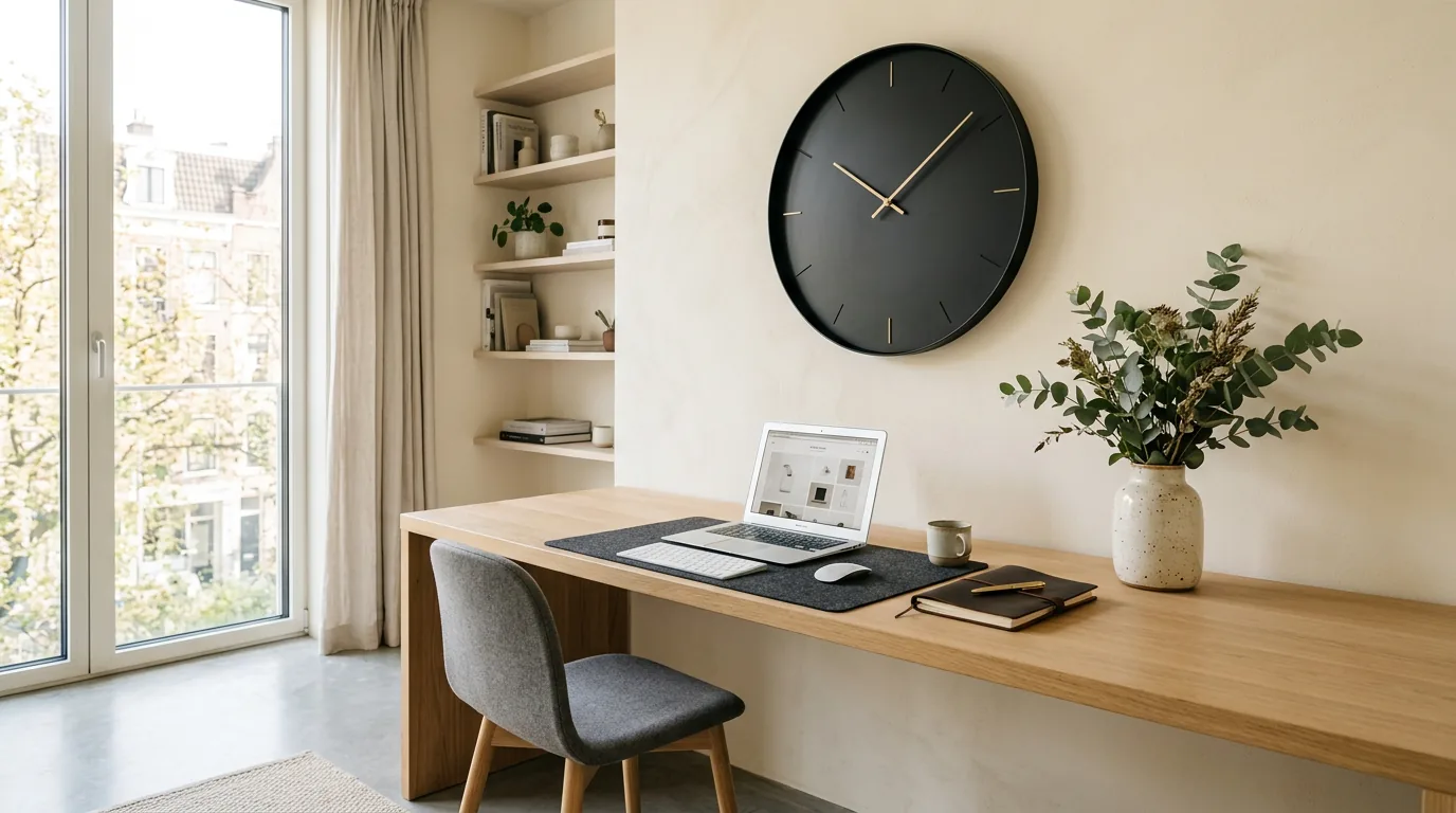 Dutch design studio wall featuring a showroom of Karlsson wall clocks